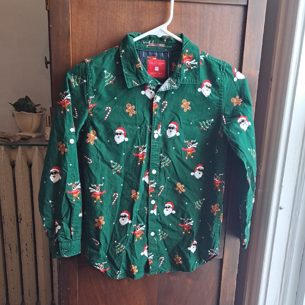 Denim And Flower Boys Size 8/9 Green Christmas Print Button Down Shirt